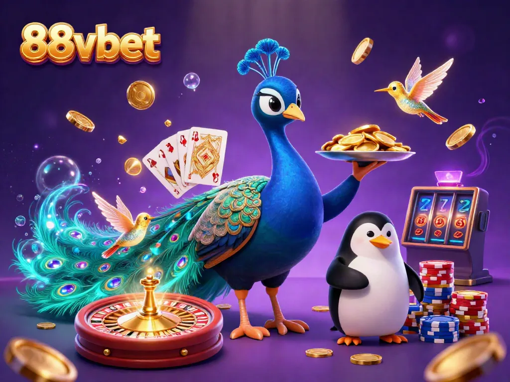 Experience the excitement of 88vbet with a dazzling 3D casino scene featuring animated characters and rich gambling elements.