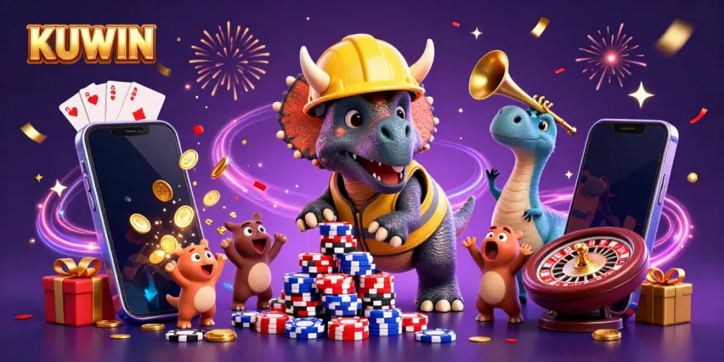 Join the fun at KUWIN as a triceratops builds poker chips, celebrating with a parasaurolophus amidst casino games.