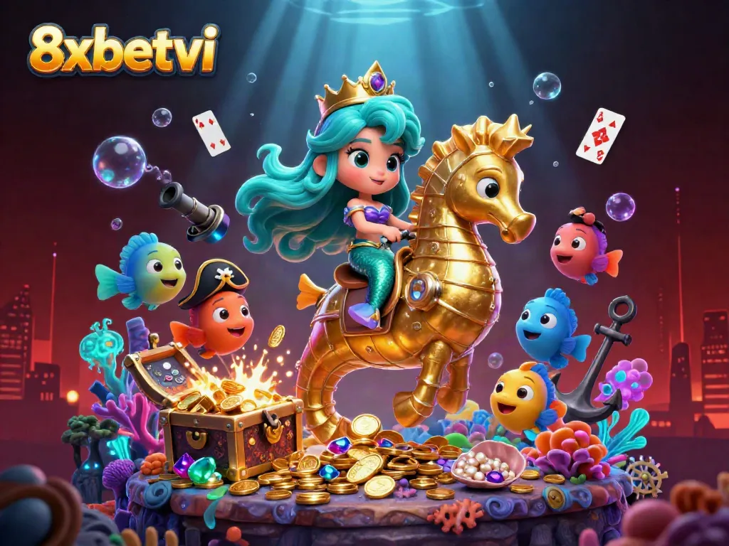 Experience the thrill of 8xbetvi with vibrant 3D casino characters in a mesmerizing underwater scene.