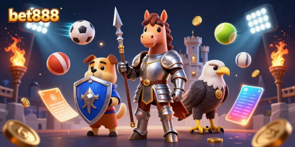 Win big at bet888 with this vibrant 3D scene featuring a medieval knight, sports elements, and a lively atmosphere.