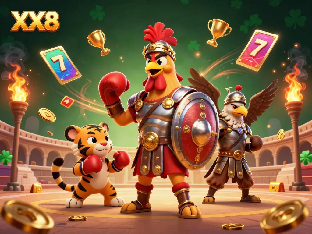 Engage with the thrilling world of XX8's slot games depicted in this vibrant digital scene.