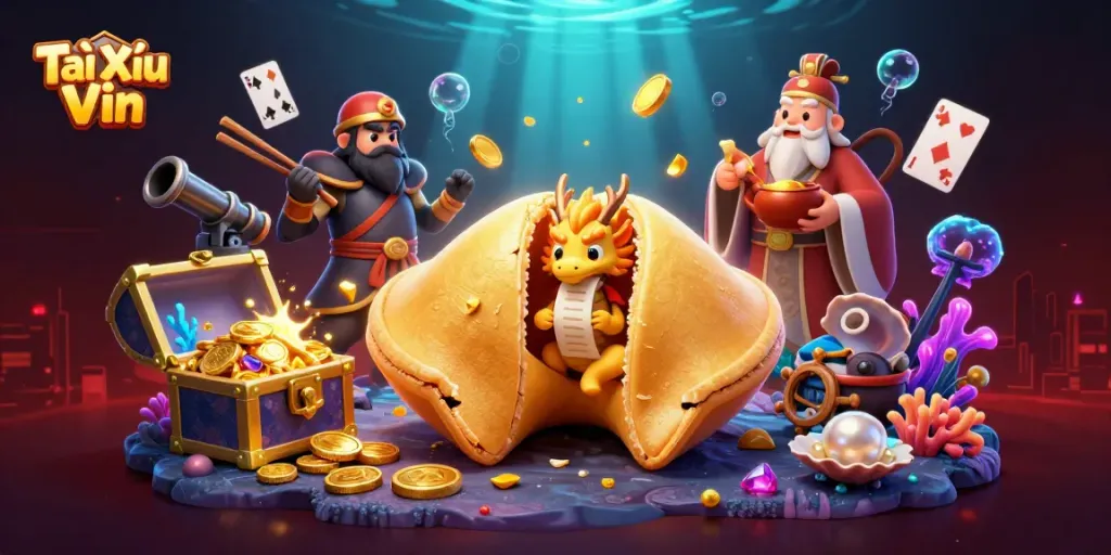 Tài Xỉu Vin illustrates an underwater gambling scene with a golden fortune cookie and a wise dragon, surrounded by treasure and gems.