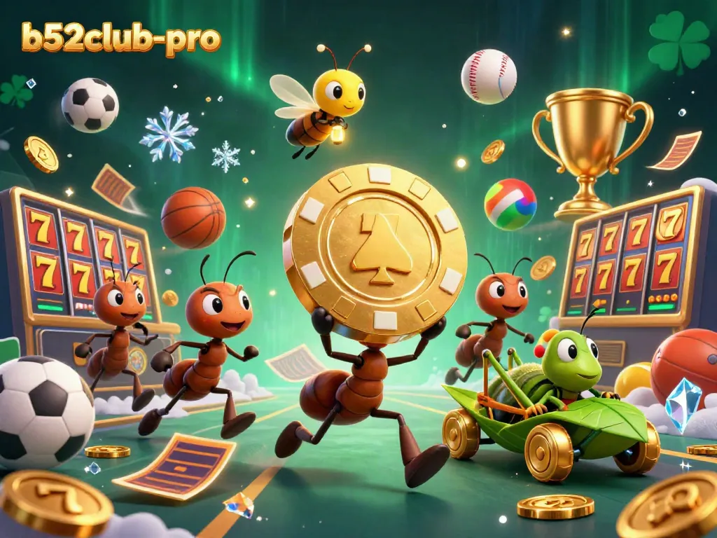 Engaging visual of a heist at b52club-pro featuring ants, a grasshopper driver, and casino elements