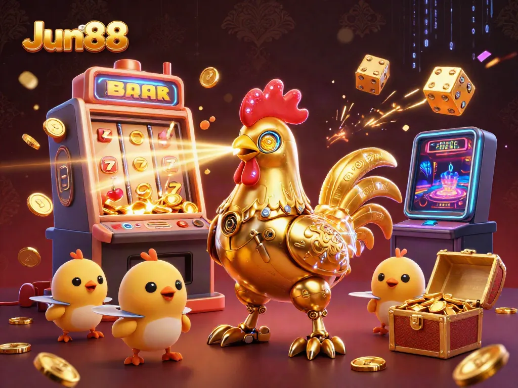 Experience thrilling gaming action at Jun88 with golden slot machines and vibrant neon visuals.