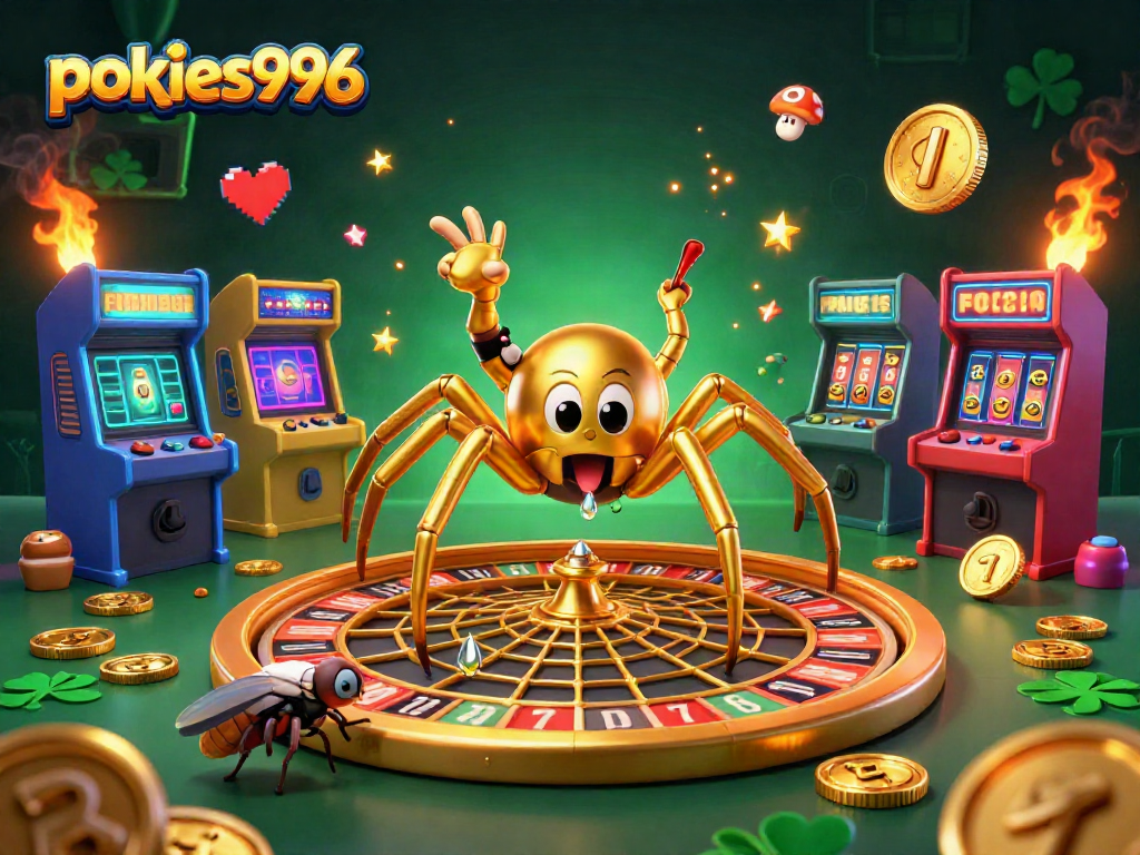 Engage in exciting gameplay with pokies996, witnessing a thrilling scene of a spider roulette and colorful gaming elements.