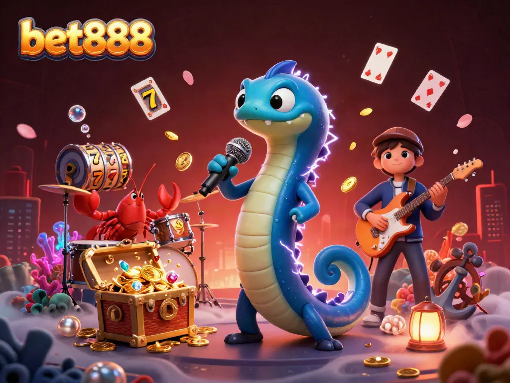 Experience excitement at bet888 with a dynamic underwater casino scene featuring a DJ eel and lively band.