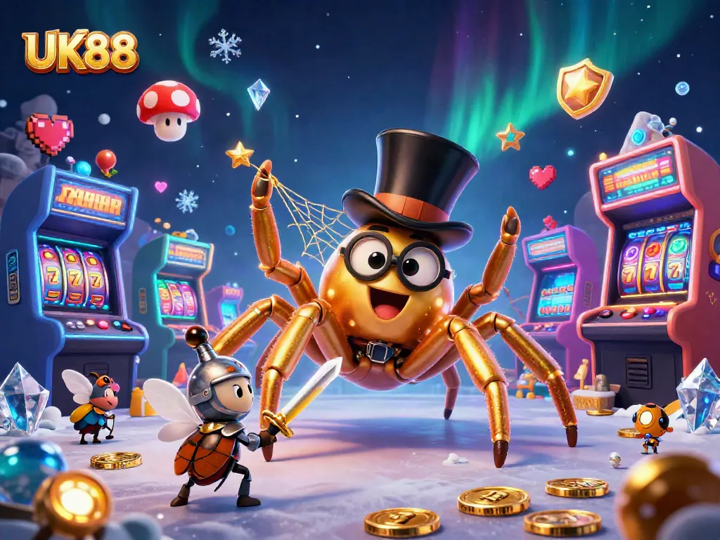 Engage with UK88's vibrant casino world featuring a golden tarantula and beetle knight in action.