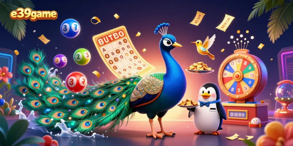 Experience excitement at e39game with a dynamic 3D scene of casino characters and vivid game elements.
