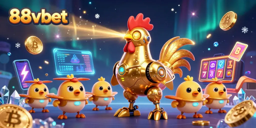 Engage with thrilling 88vbet casino games featuring a golden rooster robot in a vibrant 3D illustration.