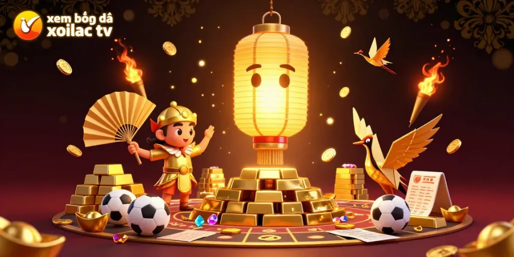 Experience xem bóng đá xoilac tv within a dynamic sports betting scene featuring glowing characters, gold elements, and lively action.