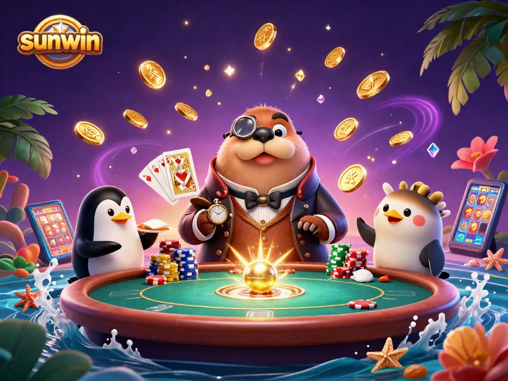 Experience the excitement of sunwin as a walrus plays poker at a vibrant underwater casino.