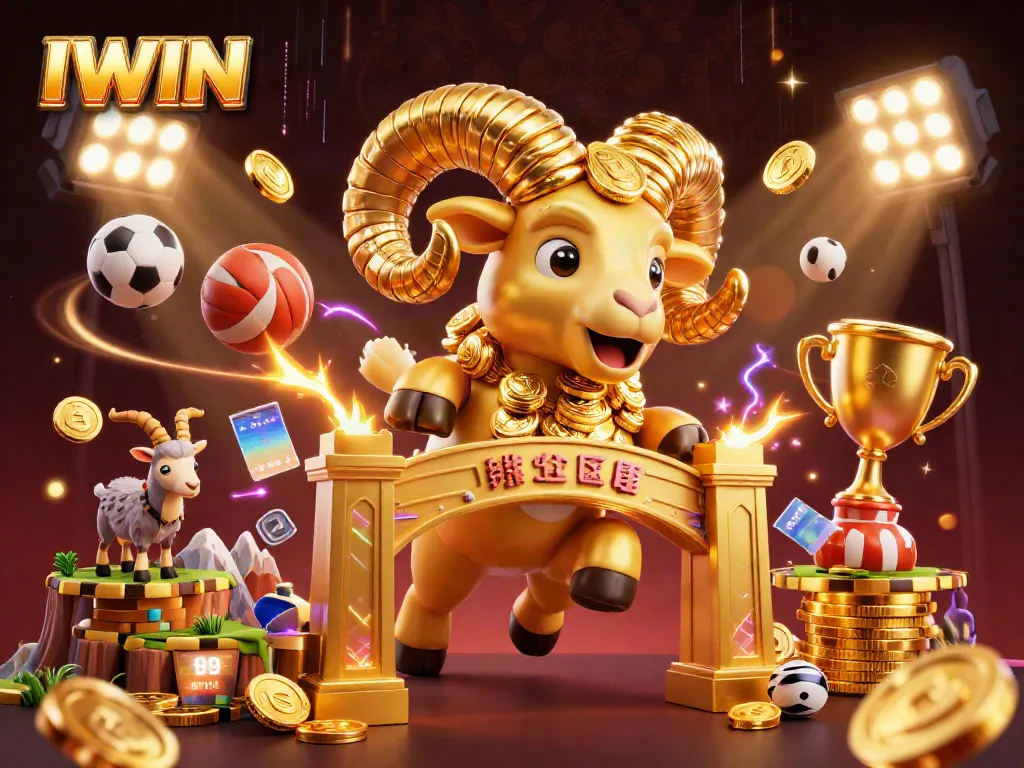 IWIN unlocks exciting sports betting with a golden ram charging through a festive casino.