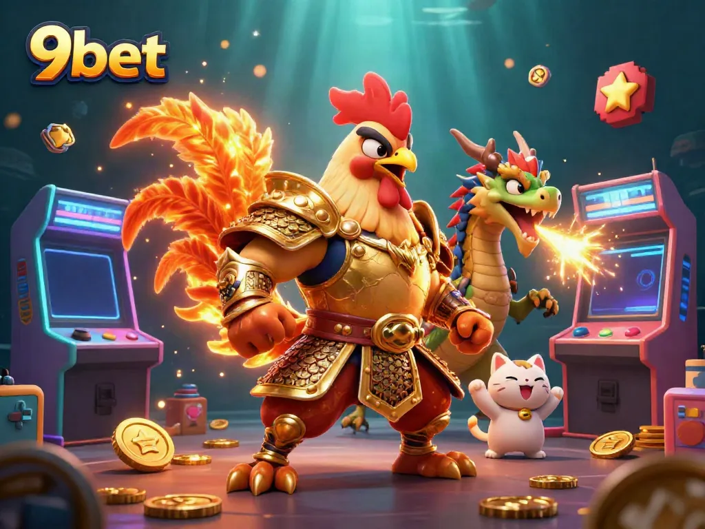 Experience thrilling gameplay with 9bet's cartoon warriors and vibrant casino elements illustrated in stunning detail.