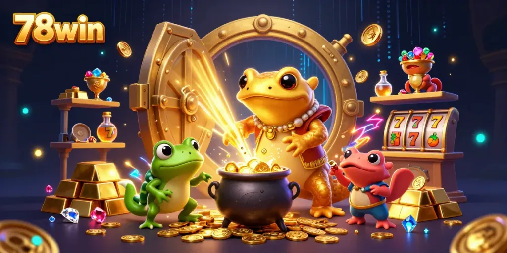 Immerse in a vibrant casino world with 78win, featuring a golden salamander alchemist and lively characters.