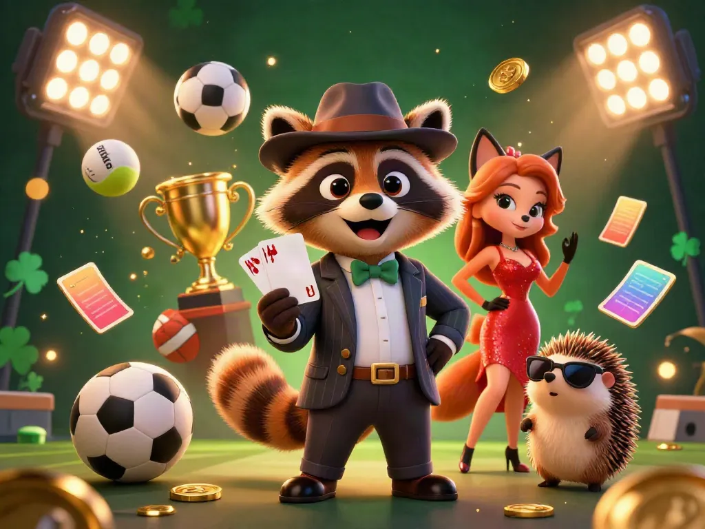 Experience the excitement of betting with 8xbet in a vibrant, detailed scene featuring a raccoon, fox, and hedgehog.