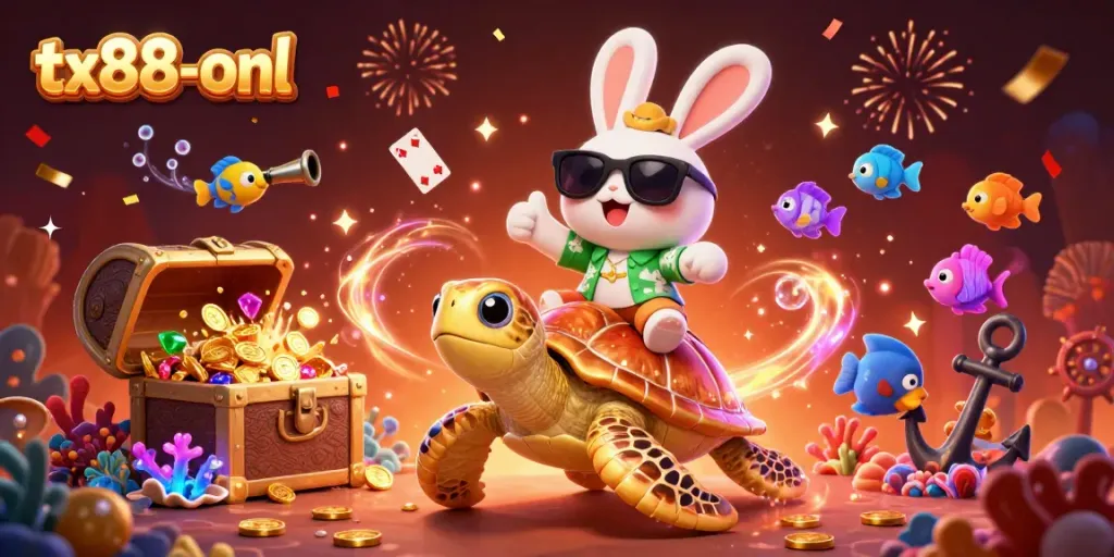 Play games at tx88-onl with a lucky rabbit and turtle celebrating underwater treasures