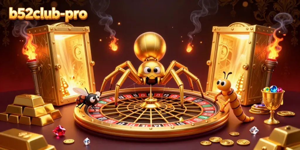 Bet on luck with b52club-pro as a golden spider spins a roulette wheel web filled with treasure!