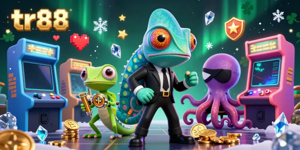 Experience dynamic gaming action in tr88 with a stylish secret agent chameleon and vibrant casino elements.