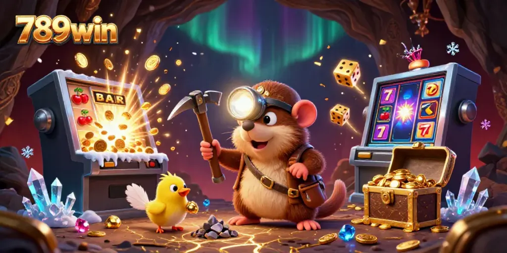 Experience the vibrant gaming adventure at 789win with a treasure hunter mole amidst slots and gems.