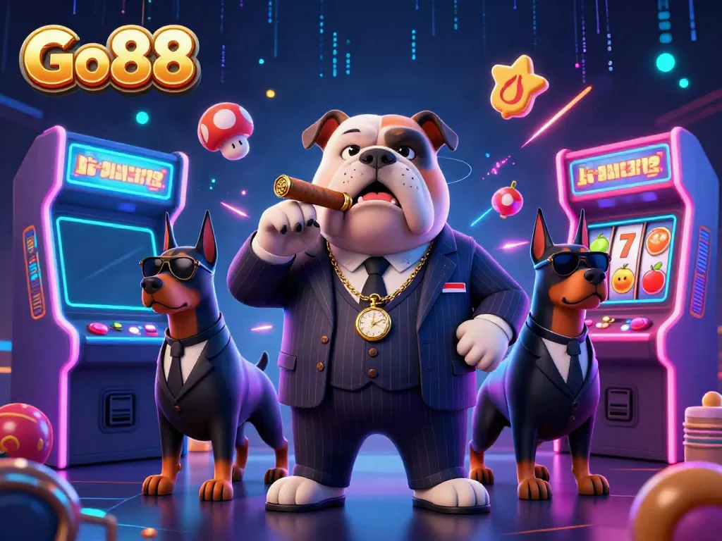 Experience thrilling gaming at Go88 with a cartoon mafia theme in a bustling casino scene.
