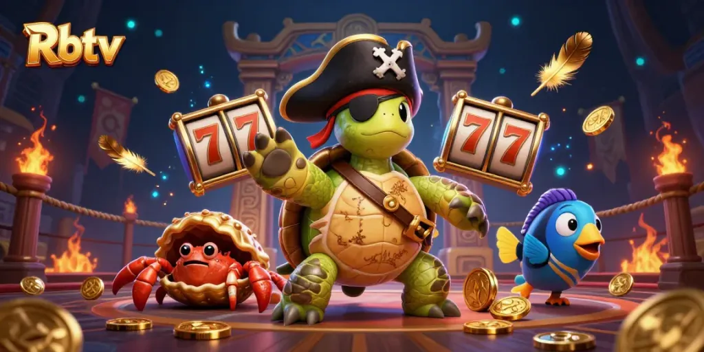 Rbtv menghadirkan pengalaman kasino yang menakjubkan dengan karakter kartun, slot, koin emas, dan efek atmosferik.