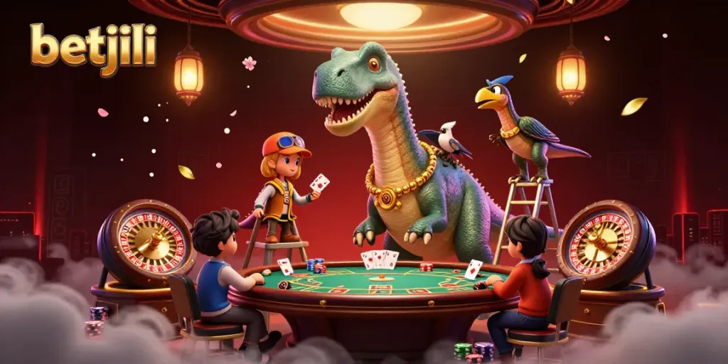 Experience thrilling casino gameplay with betjili as a vibrant brontosaurus and clever raptor deal cards.