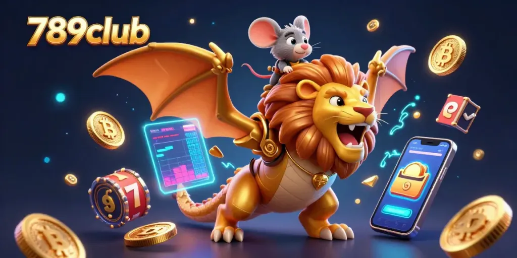 Experience the excitement of 789club with a golden chimera and vibrant slot machine elements.