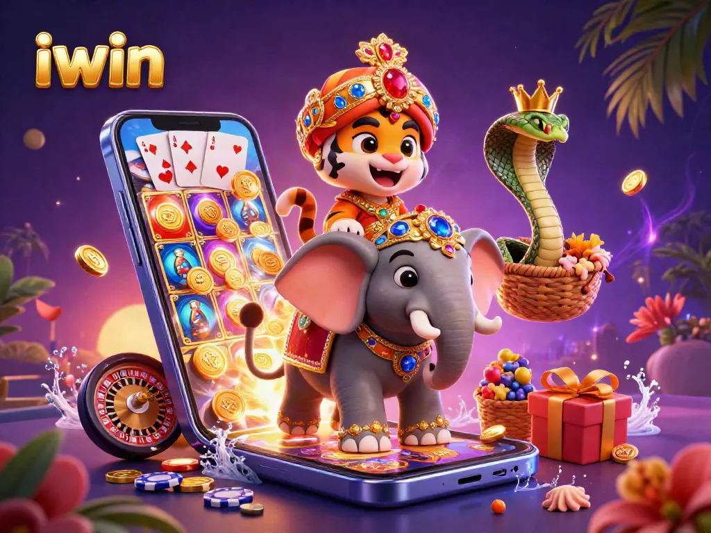 iwin engages players with colorful cascading coins and dynamic slot games amidst a vibrant casino scene.