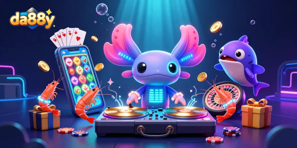 Experience the excitement of gaming at da88y with vibrant characters and casino elements in neon glory.