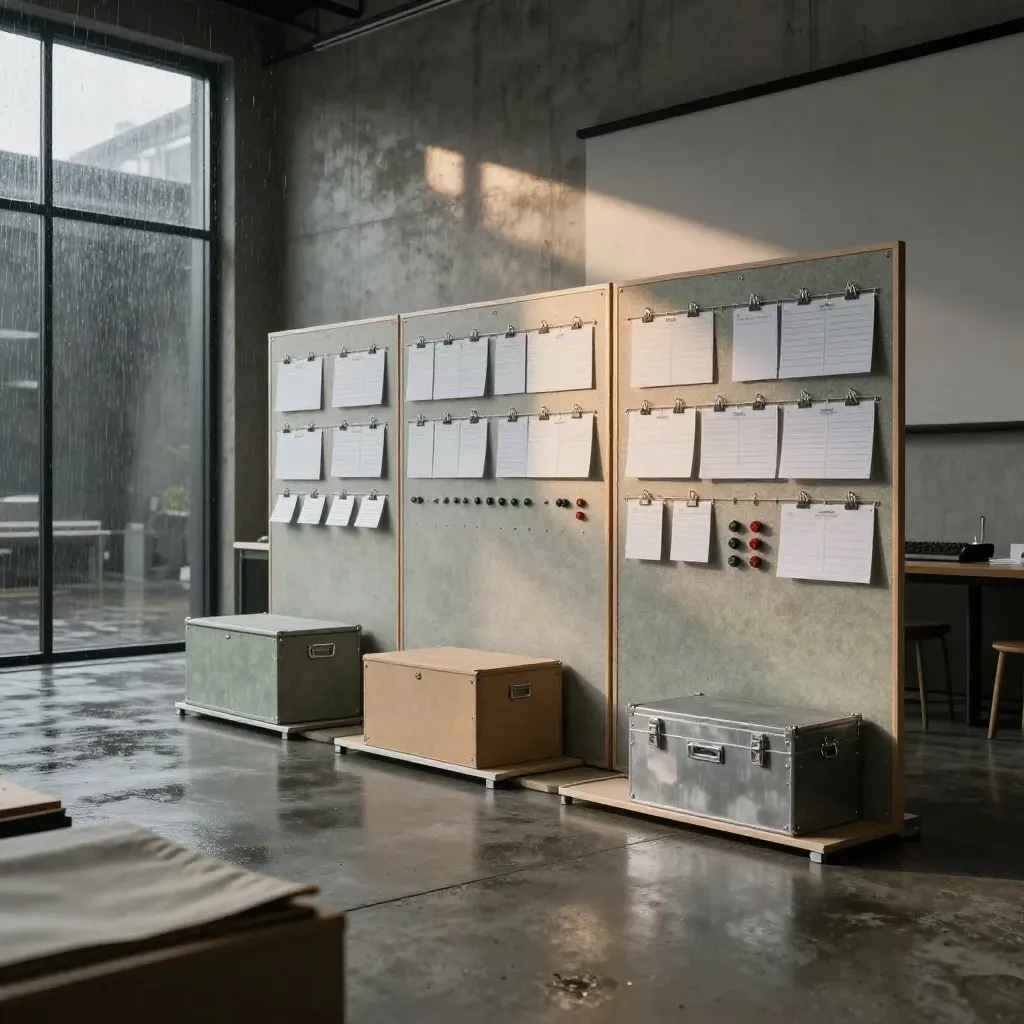 Loft szkoleniowy Agile z tablicami kanban, zestawami warsztatowymi i światłem po deszczu.