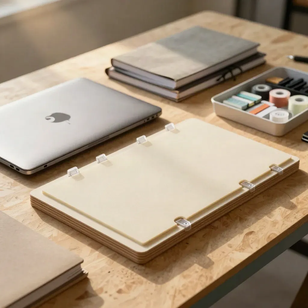 Makro gotowego projektu studenckiego z prototypem, laptopami i uporządkowanymi materiałami.
