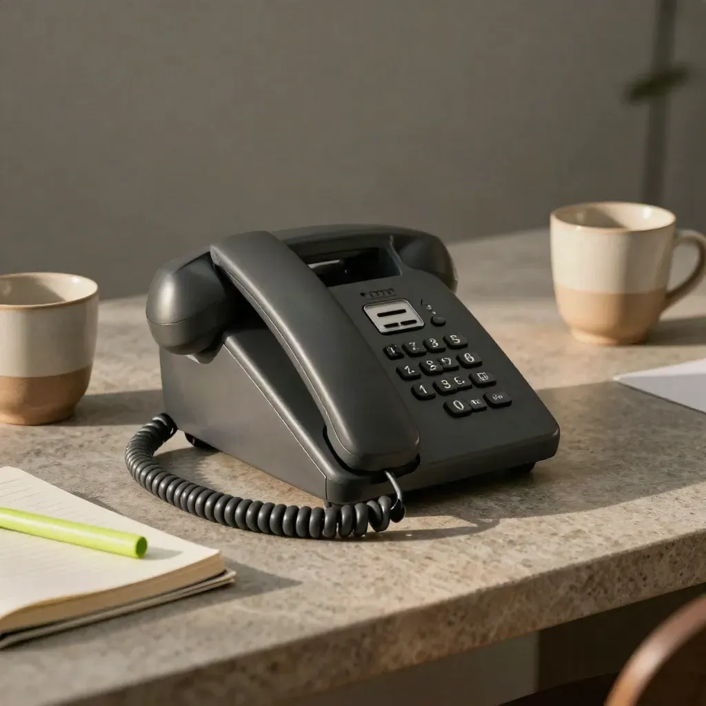 Telefon biurkowy, dwie ceramiczne filiżanki i zamknięty notes na kamiennej płycie