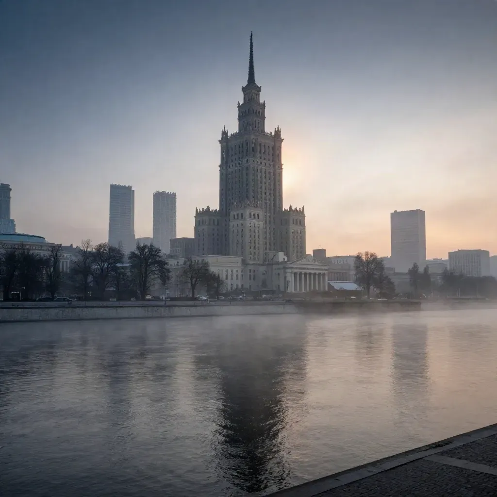Warszawska panorama nad Wisłą o świcie, Pałac Kultury i Nauki wysoko w mgle.