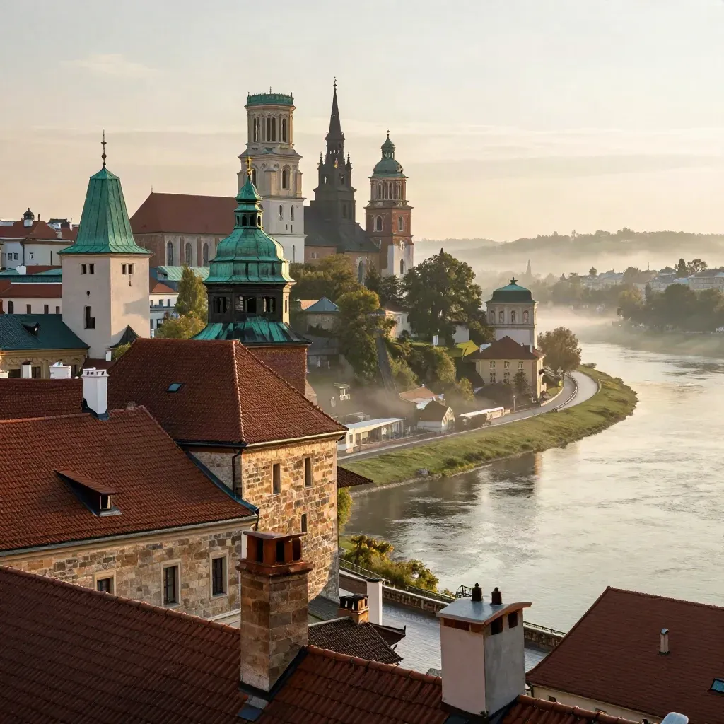 Wawel i dachy Krakowa nad Wisłą po deszczu w złotym świetle.