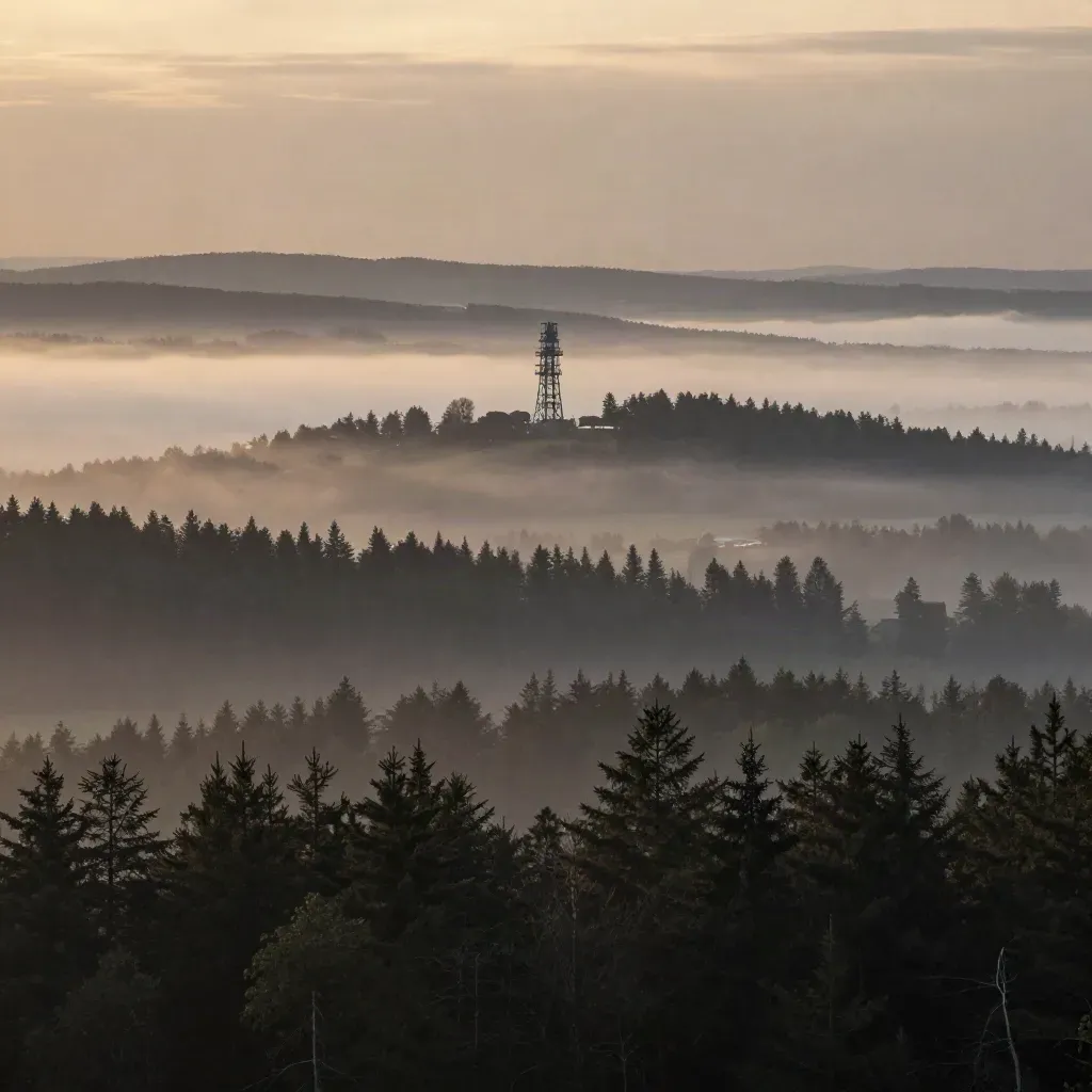 Śląskie: wieża przemysłowa nad lasami i mgłą o zmierzchu