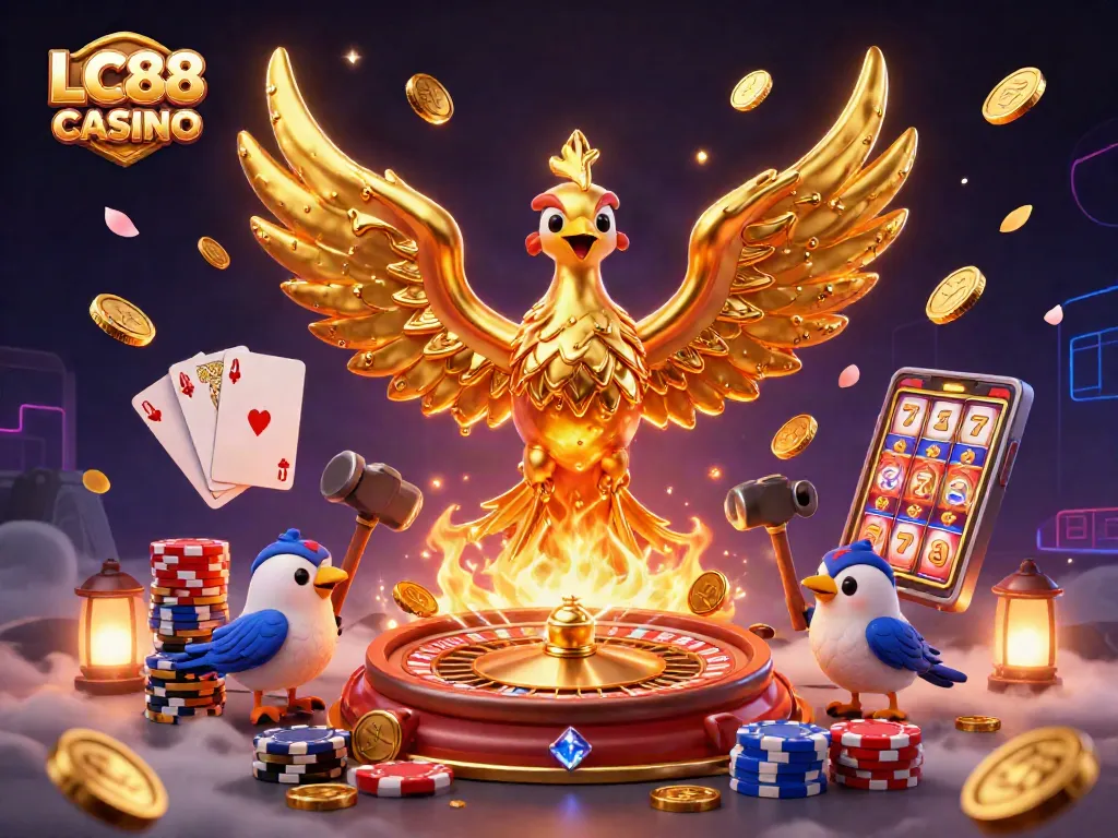 Experience the excitement of LC88 CASINO with vibrant games and golden winnings depicted in stunning 3D art.