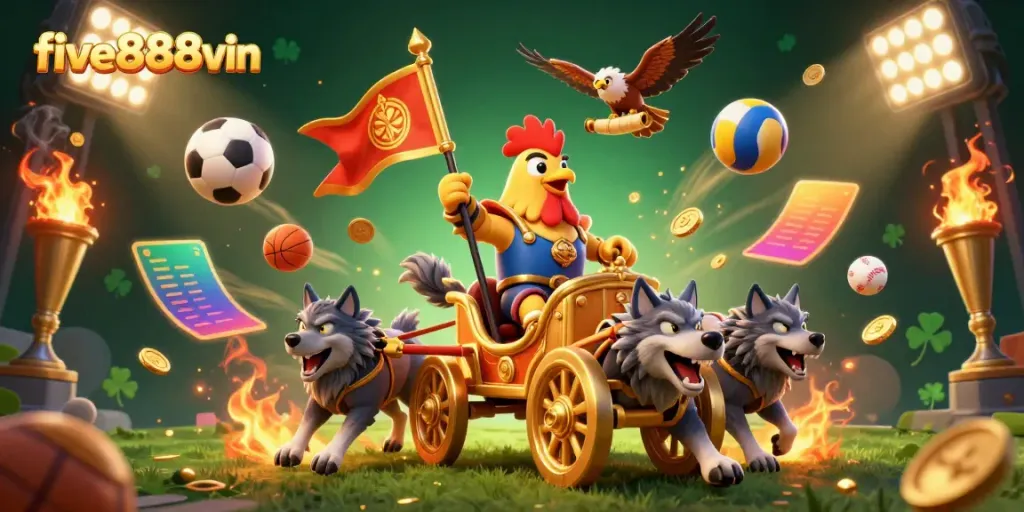 Experience thrilling gameplay at five888vin with a vibrant illustration featuring dynamic sports elements and a captivating rooster warlord.