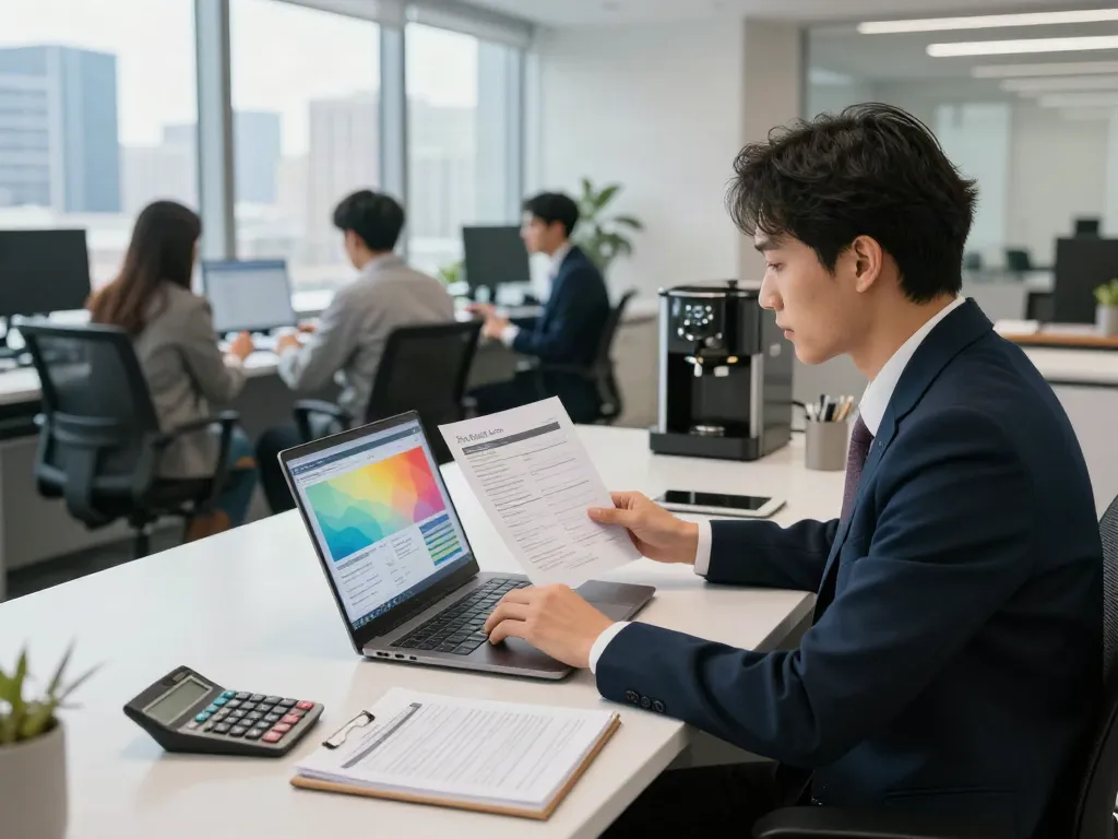 Financial advisor analyzing payday loan applications in office with city view at https://calgary.paydayloans-on.ca.