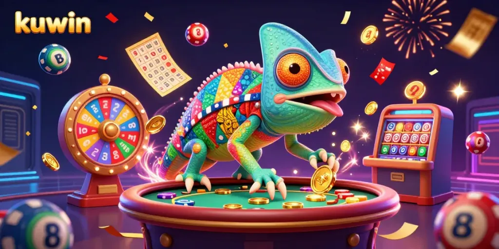 Experience the excitement of kuwin with a colorful casino scene featuring a chameleon owner and lottery elements.