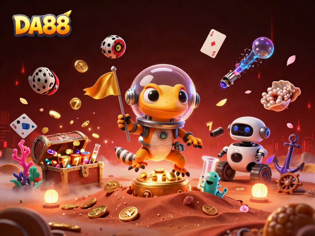 Engage with DA88 at a futuristic Martian casino, where a gecko and robot celebrate wins amidst rich visuals.