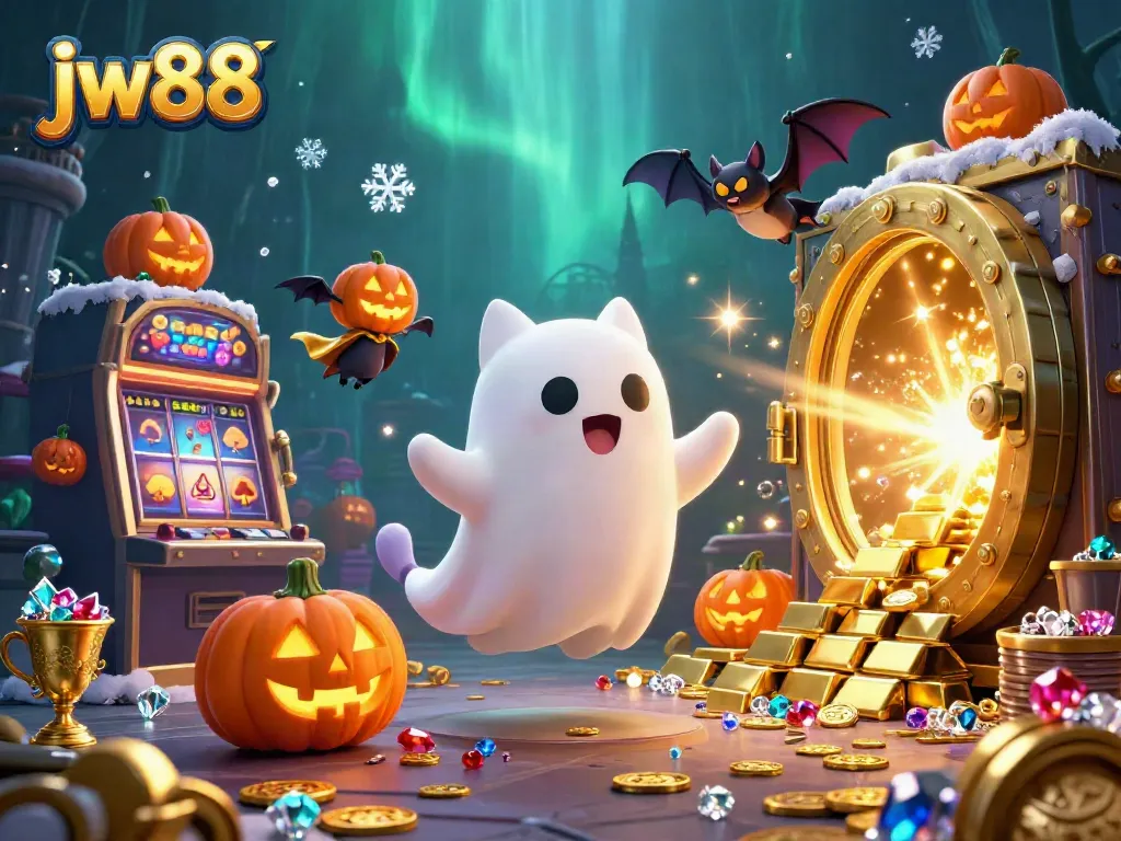 Engage with jw88’s thrilling haunted casino world through a whimsical ghost cat and treasures.