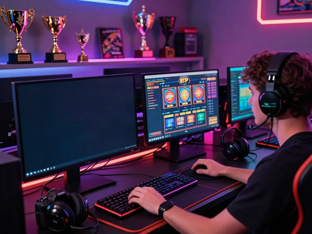 Player analyzing RTP slot games in a vibrant gaming room.