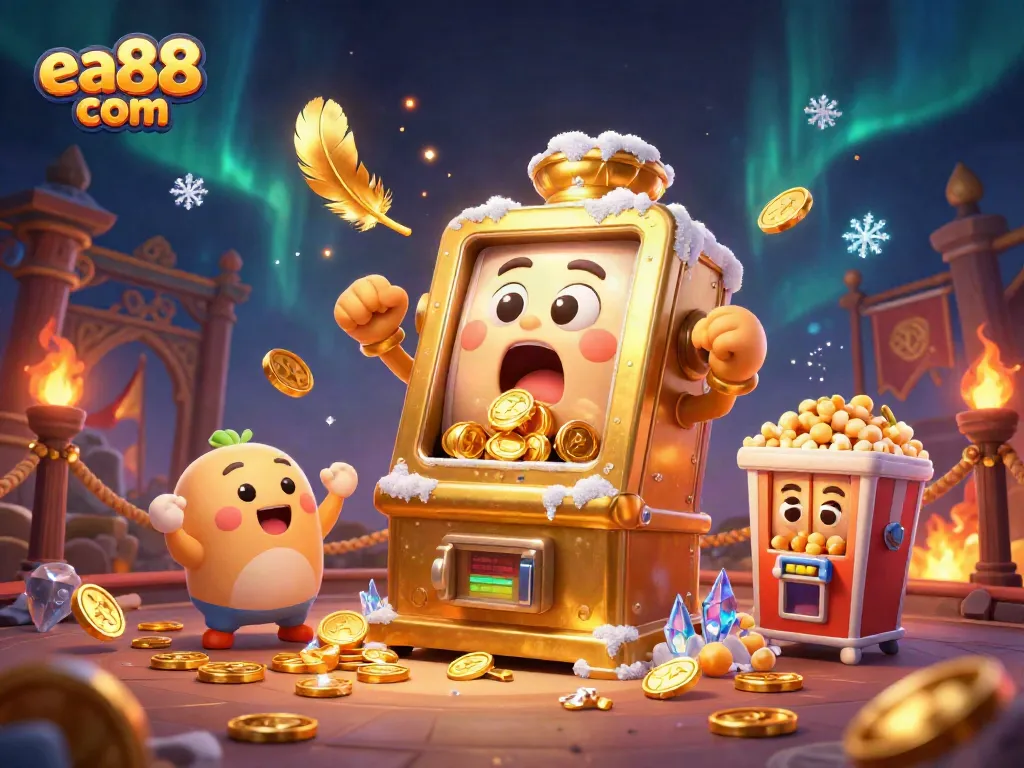 Experience thrilling wins at ea88 com with a lively scene of animated slot machines hitting jackpots.