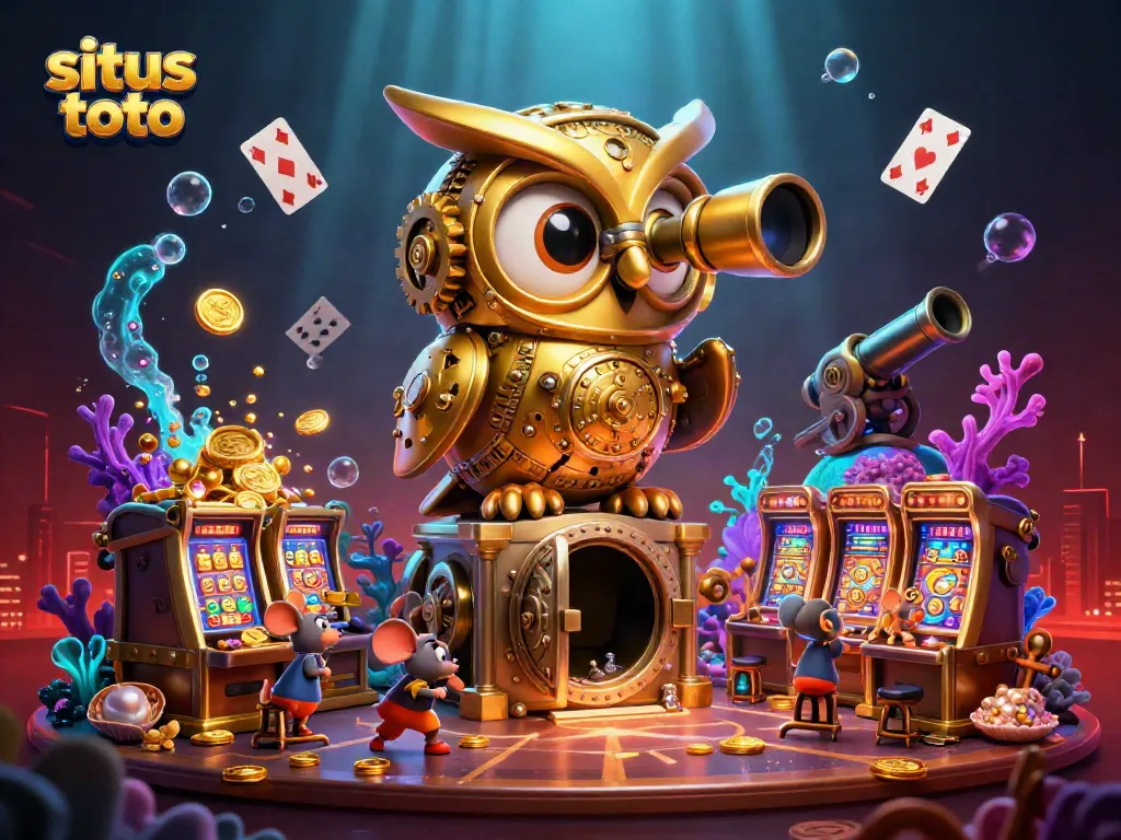 Gambarlah situs toto dengan burung hias beroda dan penjelajah kecil menikmati permainan kasino yang berwarna-warni.