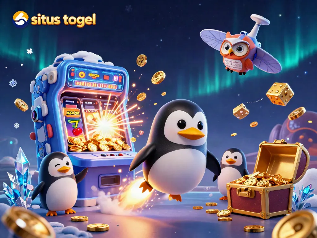 Situs togel-themed illustration of a rocket-powered penguin and a bursting slot machine in a vibrant space setting.