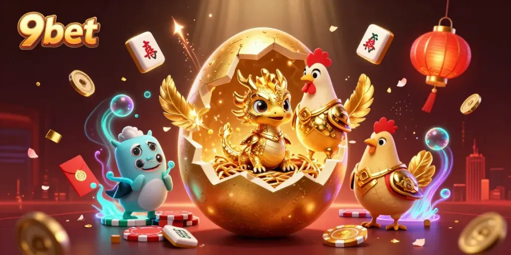 Experience the thrilling world of 9bet with a golden dragon and poker chips, showcasing casino excitement.