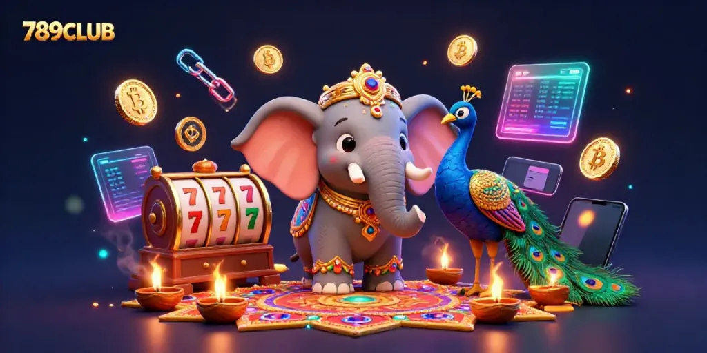 Experience the excitement of 789CLUB with vibrant 3D illustration of a Diwali-themed elephant and dynamic casino games.