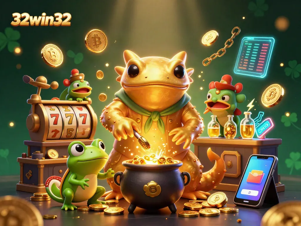 Win big at 32win32 with a vibrant illustration of alchemy, gold coins, and exciting online betting.