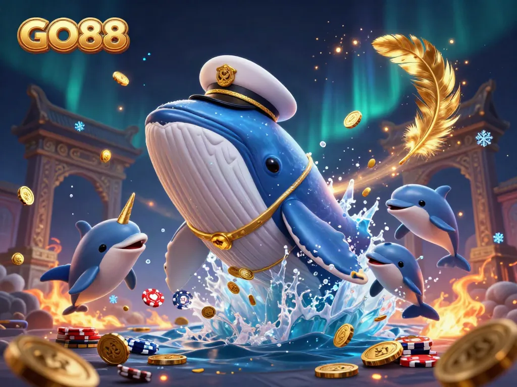 Experience the excitement of GO88 with a whale, narwhal, and dolphins playing in a sea of coins and poker chips.