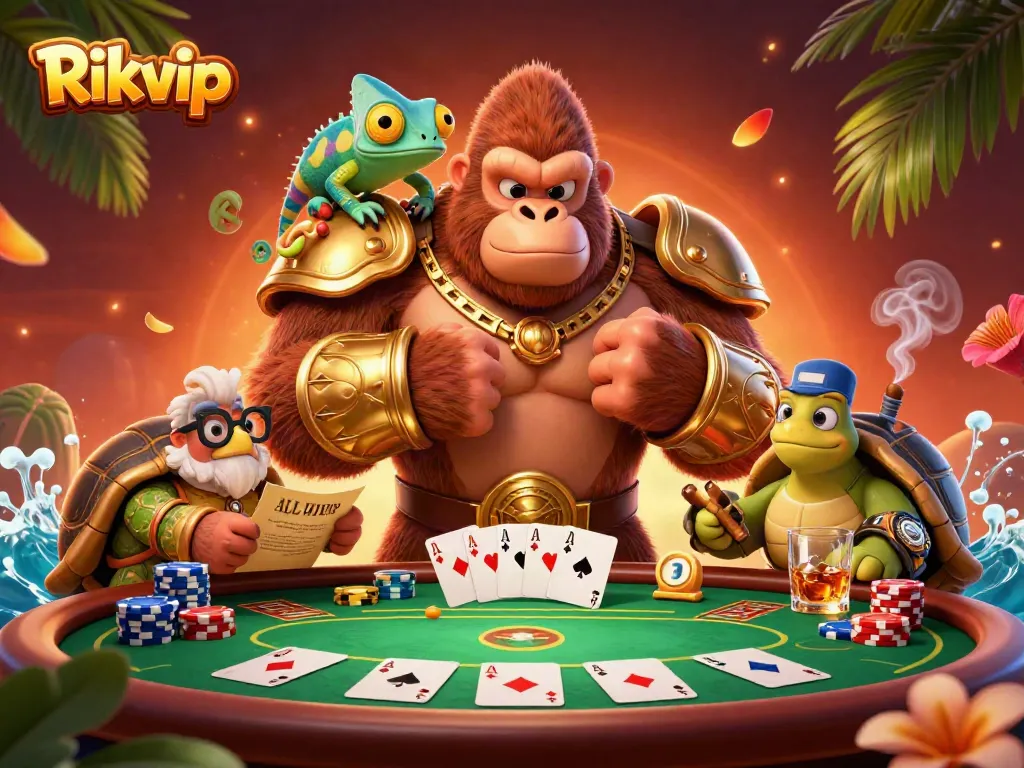 Engage in thrilling gameplay at Rikvip, featuring animated poker action with vibrant characters and rich casino elements.